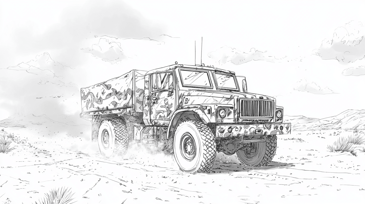 A_camouflage_military_truck_driving_through_a_dusty_desert