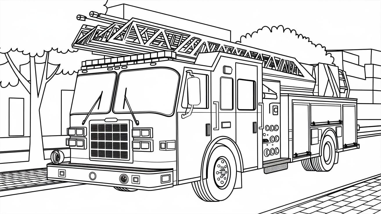 A_fire_truck_with_extended_ladders_and_flashing_lights