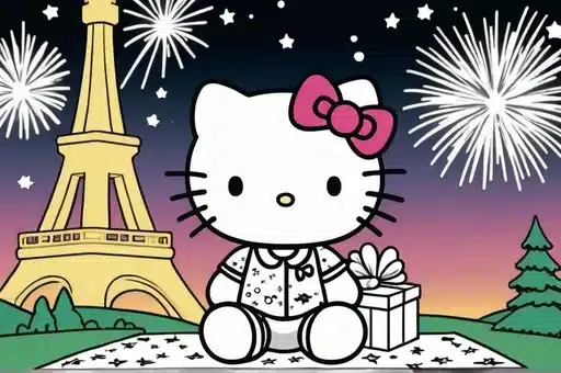 Hello Kitty enjoying fireworks during New Year’s Eve