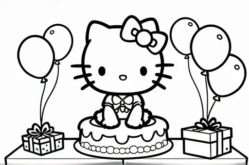 Hello Kitty celebrating her birthday with cake and gifts