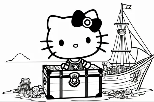 Hello Kitty discovers a treasure chest on a pirate ship