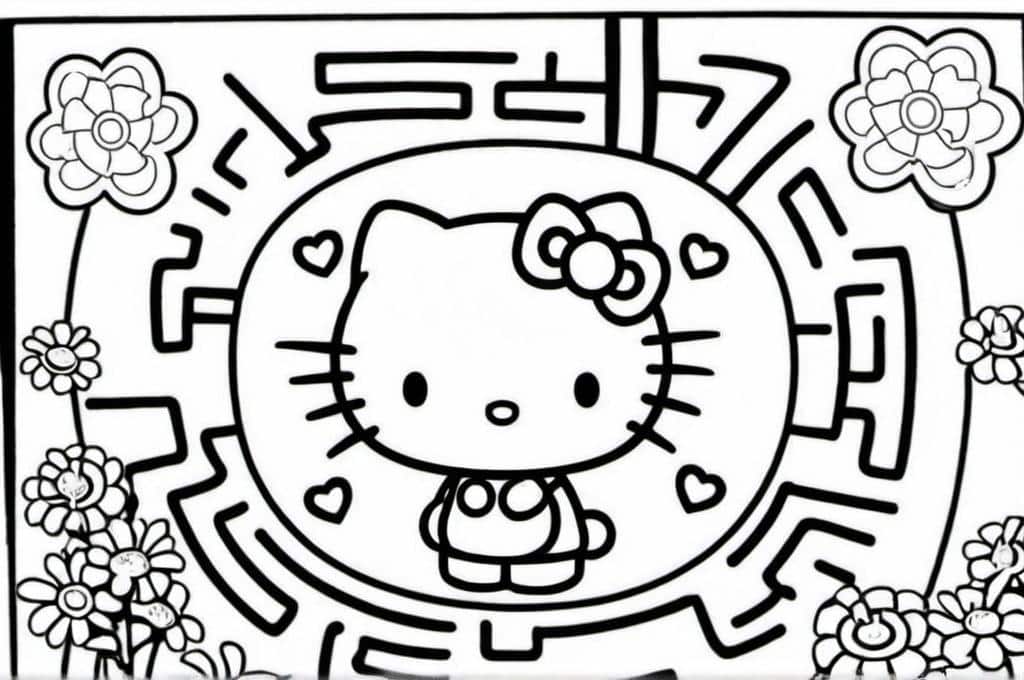 Hello Kitty, in a maze, kids can navigate with crayons