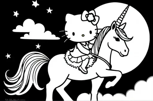 Hello Kitty riding a unicorn under a rainbow