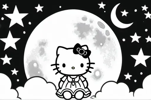 Hello Kitty sitting on a moon surrounded by stars