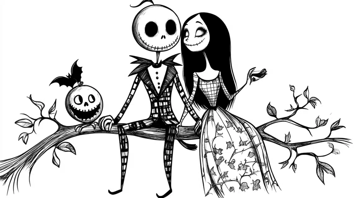 Jack And Sally As Love Birds Coloring Page