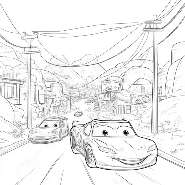 Lightning McQueen And Sally In Radiator Springs Coloring Page