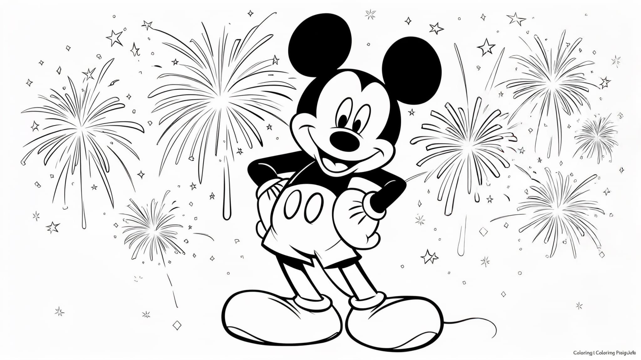 Mickey with fireworks in the background, celebrating New Year's Eve