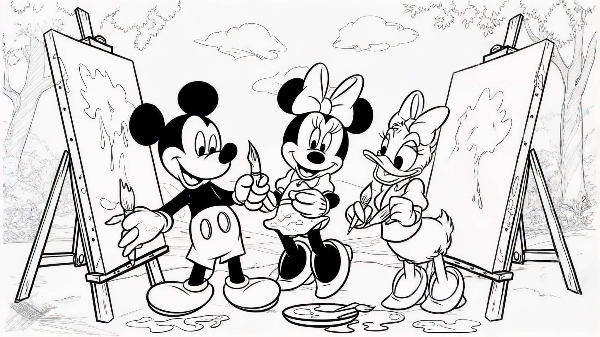 Mickey_Minnie_and_Daisy_painting_a_large_canvas_outdoors