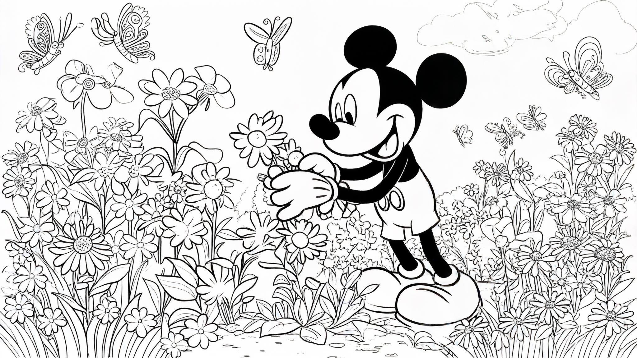 Mickey_Mouse_picking_flowers_in_a_spring_garden_with_butterflies