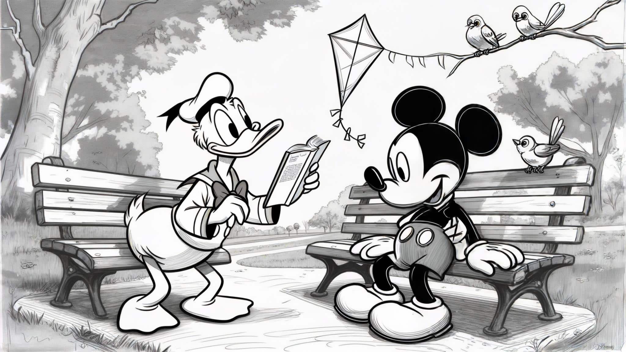 Mickey_and_Donald_Duck_laughing_together_near_a_park_bench