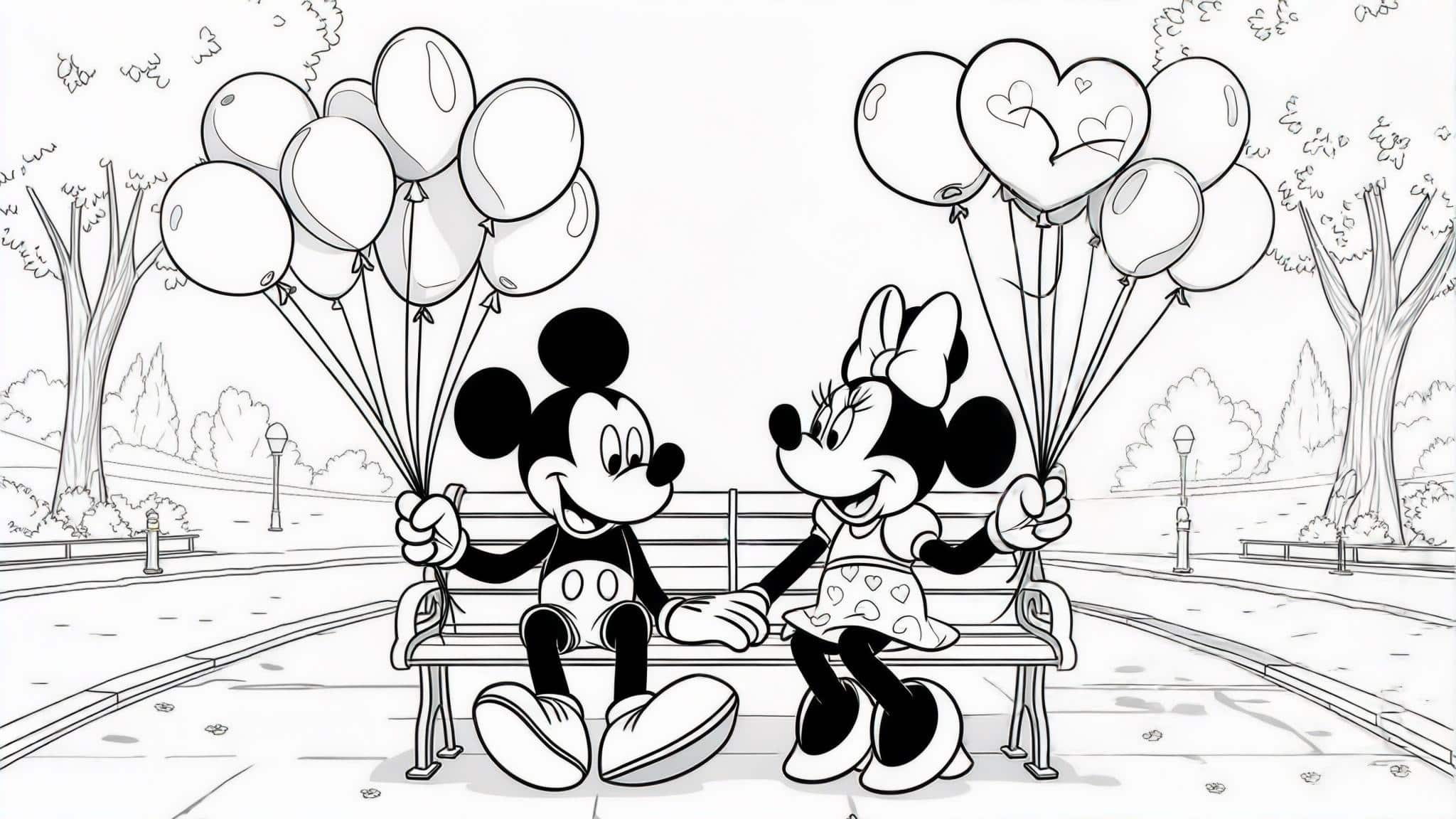 Mickey_and_Minnie_sitting_on_a_park_bench_holding_balloons