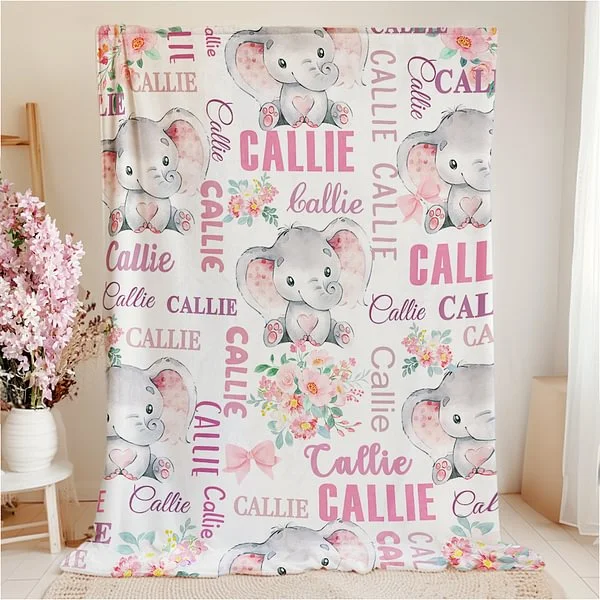Cute Pink Blue Floral Elephant Soft Throw Blanket