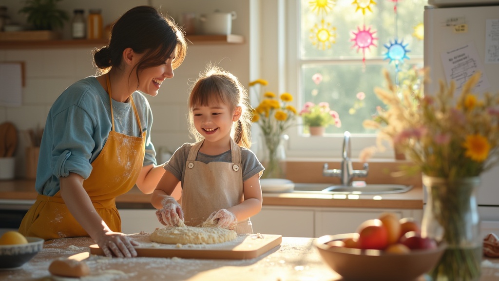 mother and daughter baking in a bright, sunny kitchen