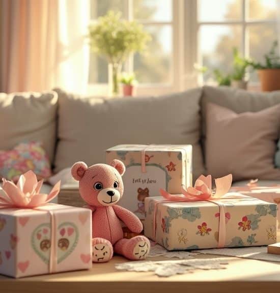 gifts with teddy bear on cosy living room table