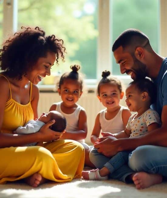 happy family bonding with newborn baby at home