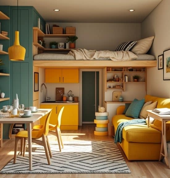 modern colourful studio apartment with loft bed and natural light