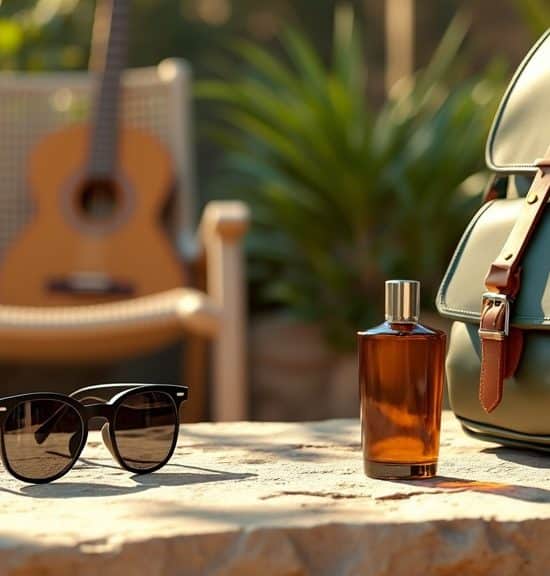 sunglasses, perfume bottle, leather bag for modern dads