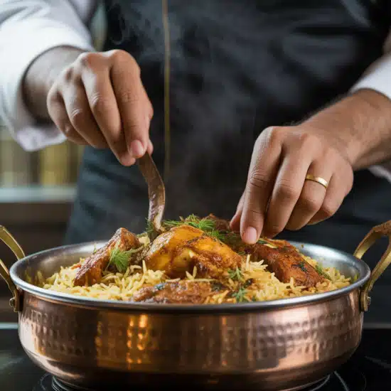 A photograph of a chef's hands meticulously preparing "Halal Chicken Biryani"