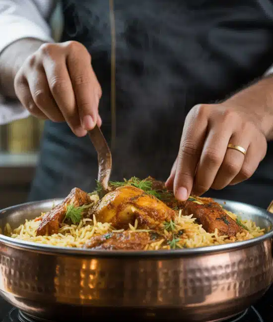 A photograph of a chef's hands meticulously preparing "Halal Chicken Biryani"